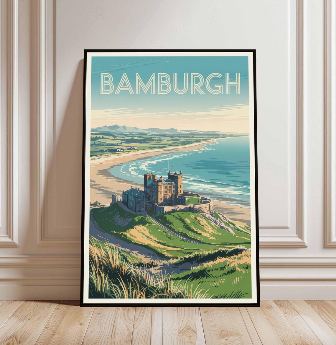 Bamburgh England Coastal Castle Vintage Travel Poster Sea Cliffs
