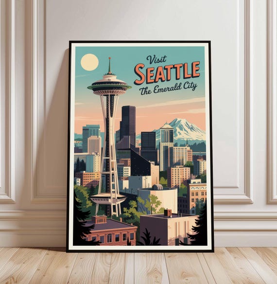 Seattle Retro Poster Vintage Wall Art Print Midcentury Modern Decor Skyline Travel Gift For Home Or Office Multiple Sizes