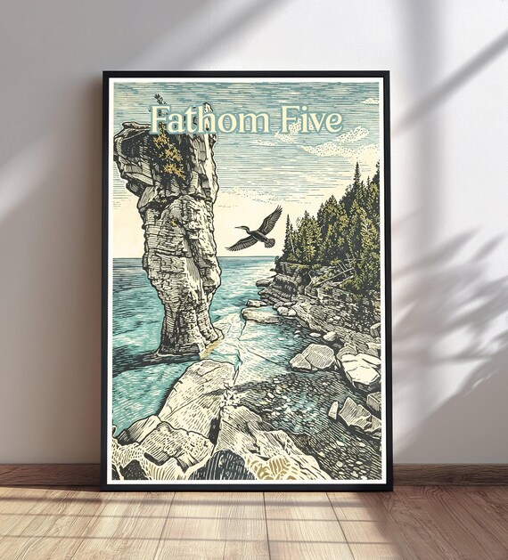 Fathom Five Flowerpot Island Sea Stack Vintage Travel Poster