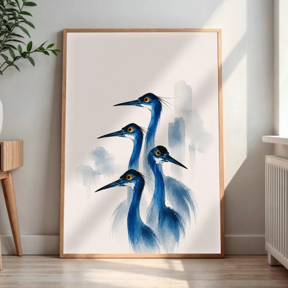 Blue Heron Art Print Watercolor Crane Wall Misty Bird Decor Coastal Home Gift
