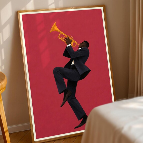 Jazz Trumpet Player Poster Bold Red Background Minimalist Music Art