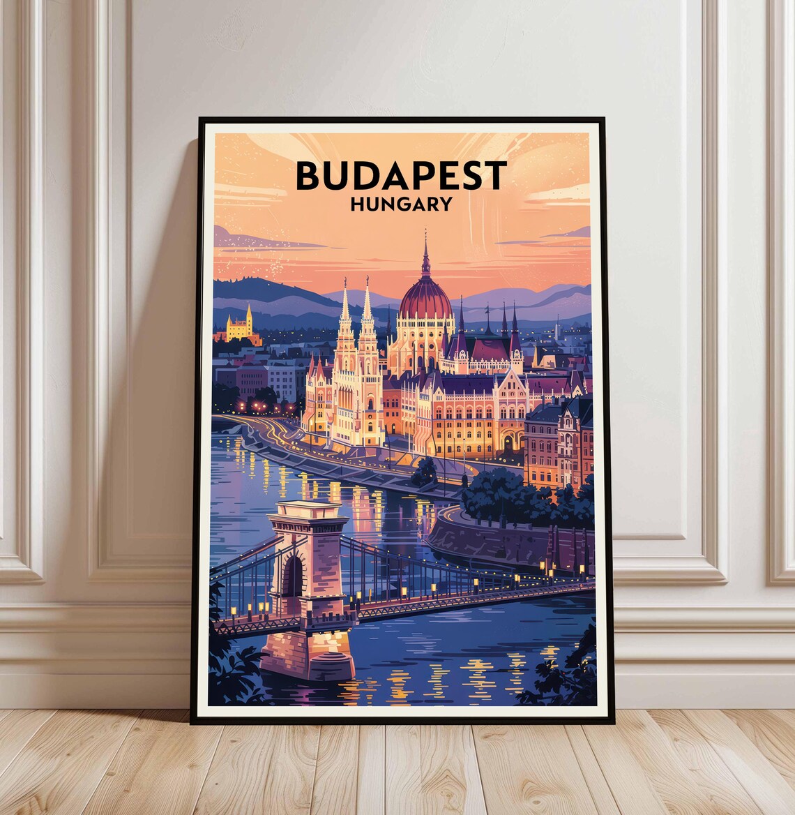 Budapest Hungary Parliament Chain Bridge Vintage Travel Poster