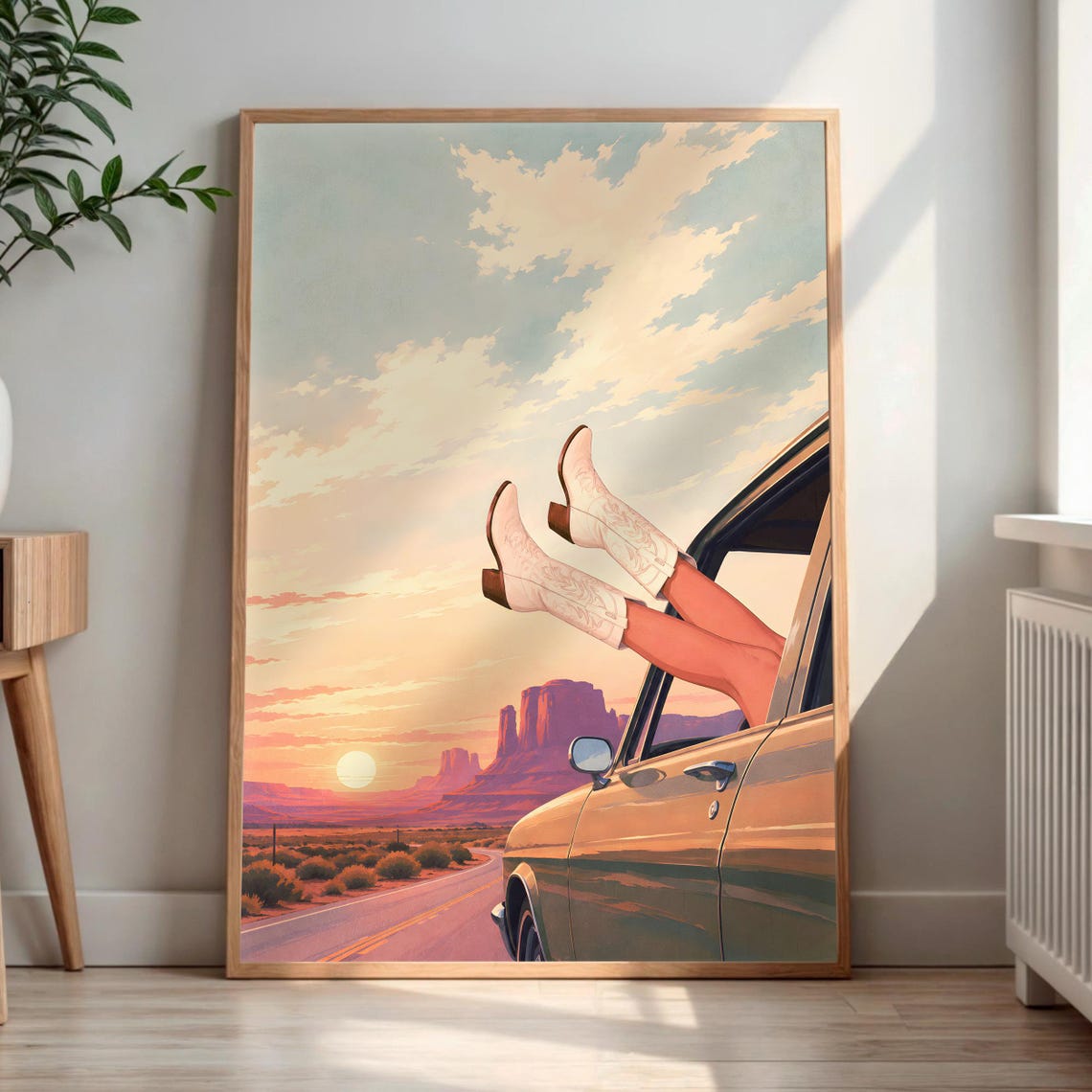 Cowboy Boots Desert Road Trip Sunset Car Window Adventure Poster