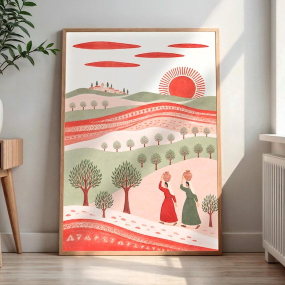Women Water Jars Rolling Hills Red Sun Folk Art Village Poster
