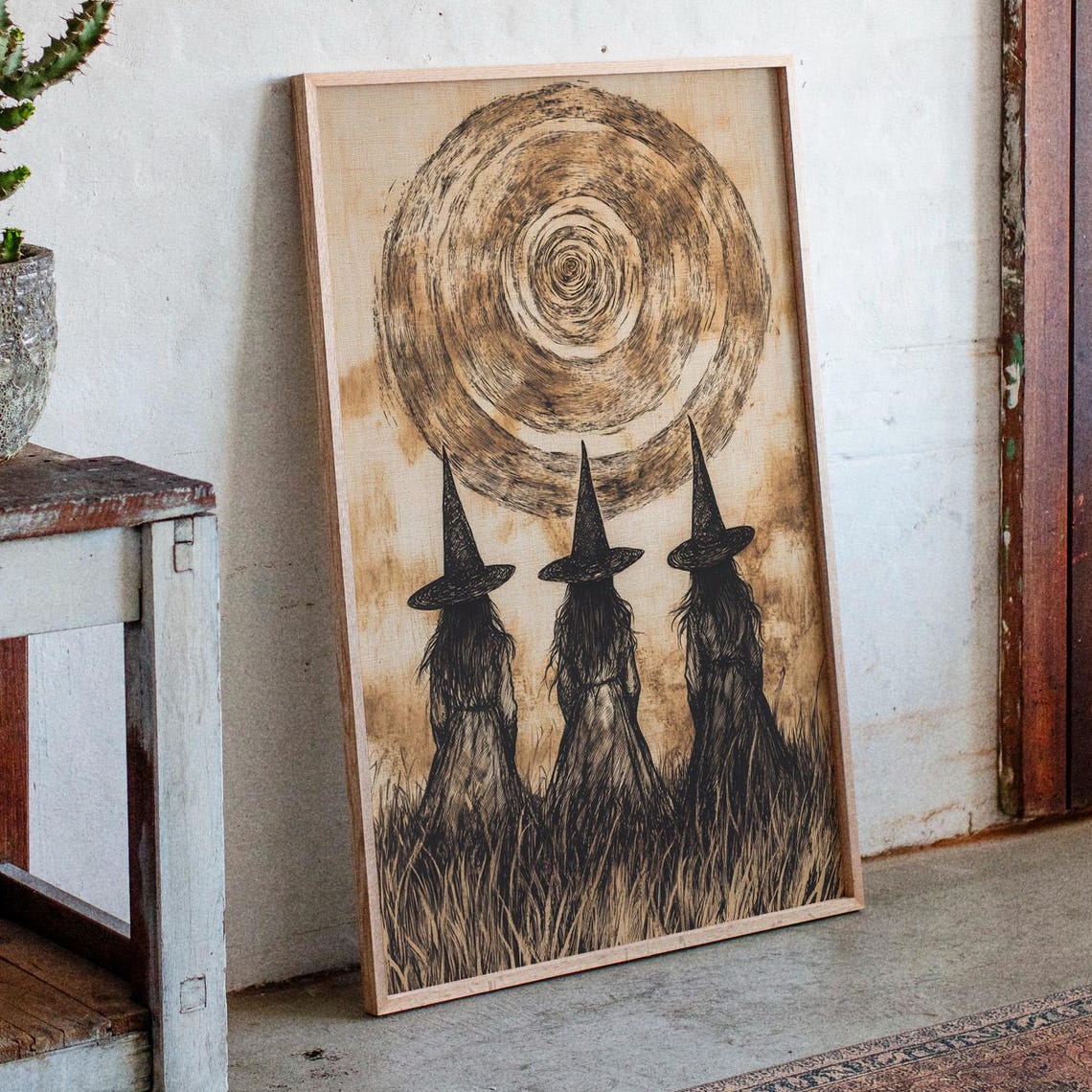 Three Witches Before A Giant Spiral Moon Gothic Occult Art Poster