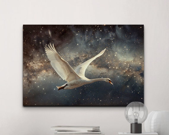 Adorable Cute Swan Flying Wall Art Print For Home Decor Swan In Star Light Sky Decor Wall Art Ready To Hang Wrapped