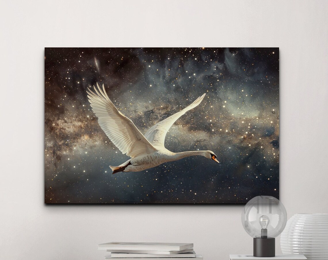 Swan Gliding Through Starry Cosmos Nebula Dreamlike Bird Wall Art