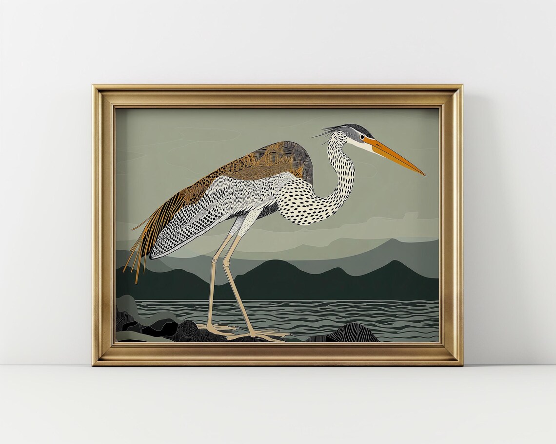 Sage Heron Print, Art Deco Mid-Century Decor