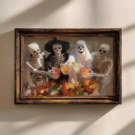 Halloween Costume Party Print Skeleton Horizontal Orientation Art Landscape Bar Cart Decor Spooky