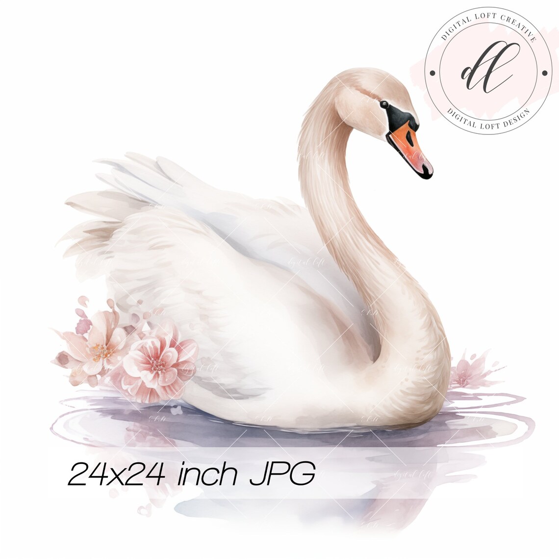Graceful White Swan with Pink Flowers Watercolor Lake Poster
