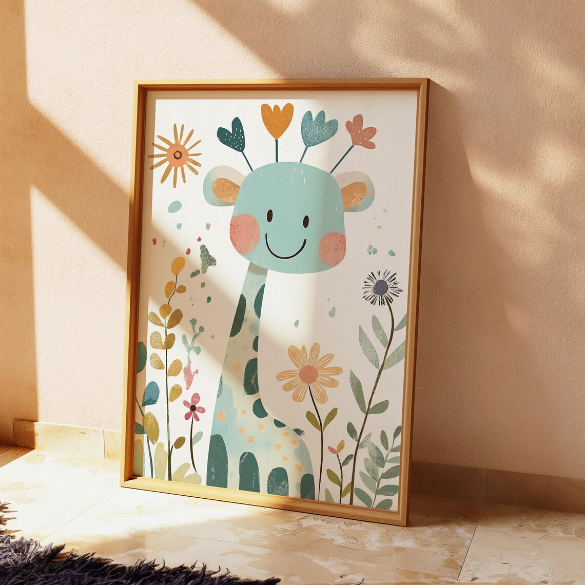 Whimsical Teal Giraffe with Flowers Playful Folk Art Nursery Poster
