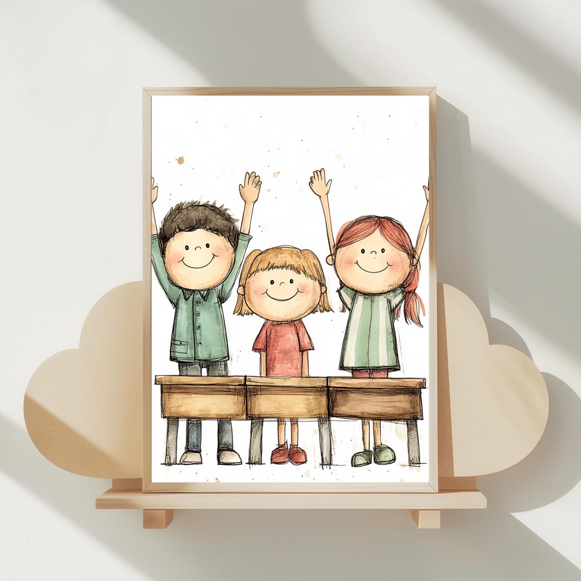 Happy Kids With Raised Hands Classroom Watercolor School Poster