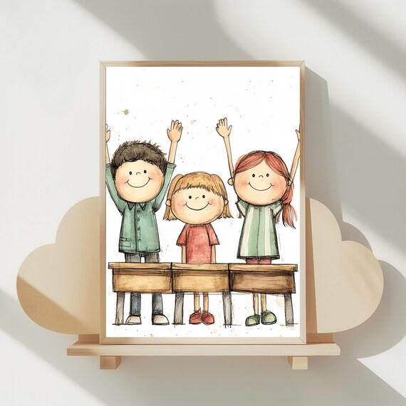 Happy Kids With Raised Hands Classroom Watercolor School Poster