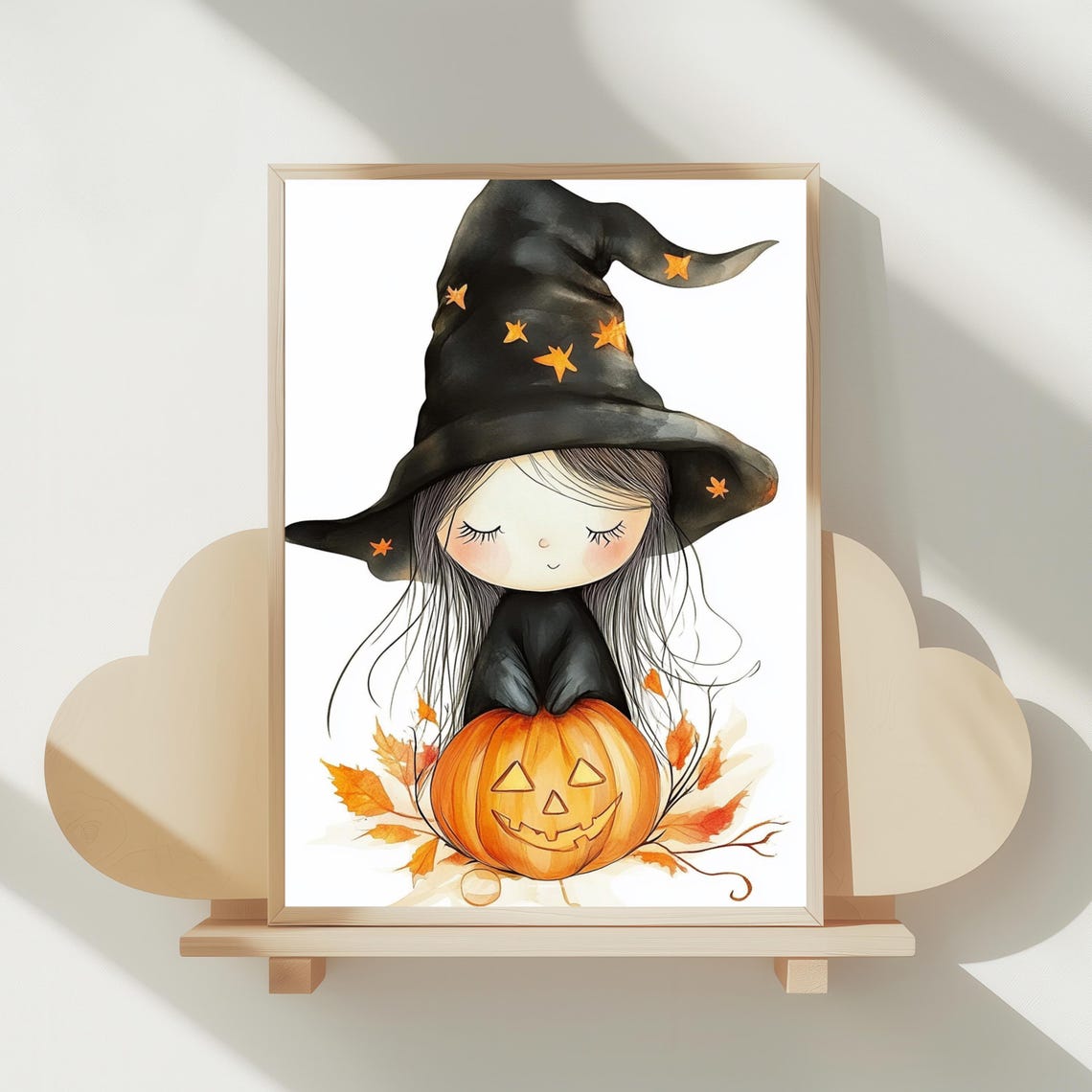 Little Witch Pumpkin Watercolor Poster Cute Halloween Kids Room Decor