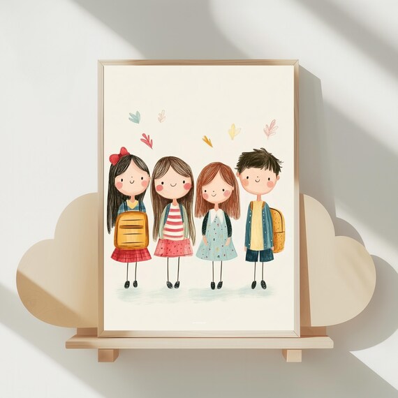 Kids Room Art Print Playful Friends Illustration