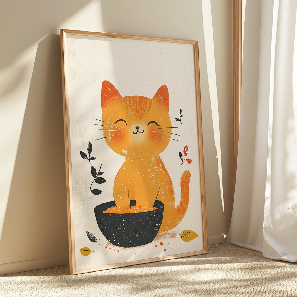 Orange Kitten Sitting in Black Pot Minimalist Playful Nursery Print