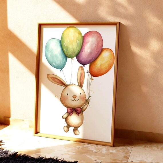 Happy Bunny with Colorful Watercolor Balloons Nursery Poster