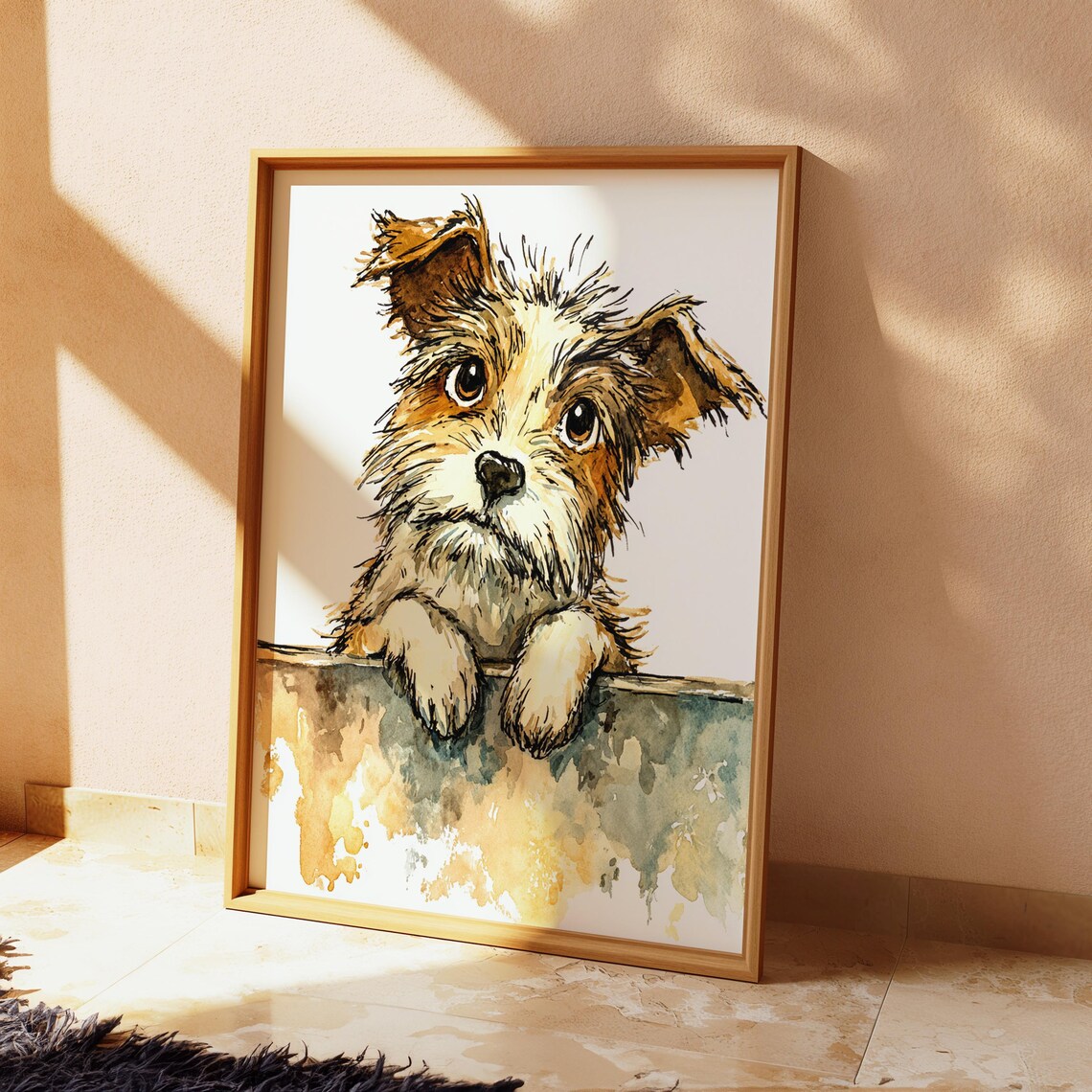 Cute Scruffy Puppy Watercolor Illustration Kids Room Adorable Dog Portrait Art Poster