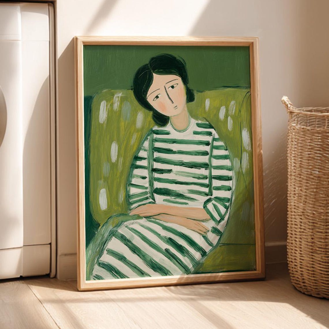 Emerald Green Sleeping Woman Wall Art Cozy Striped Blanket Print Abstract People Portrait Minimalist Contemporary