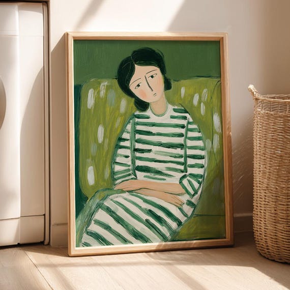 Emerald Green Sleeping Woman Wall Art Cozy Striped Blanket Print Abstract People Portrait Minimalist Contemporary