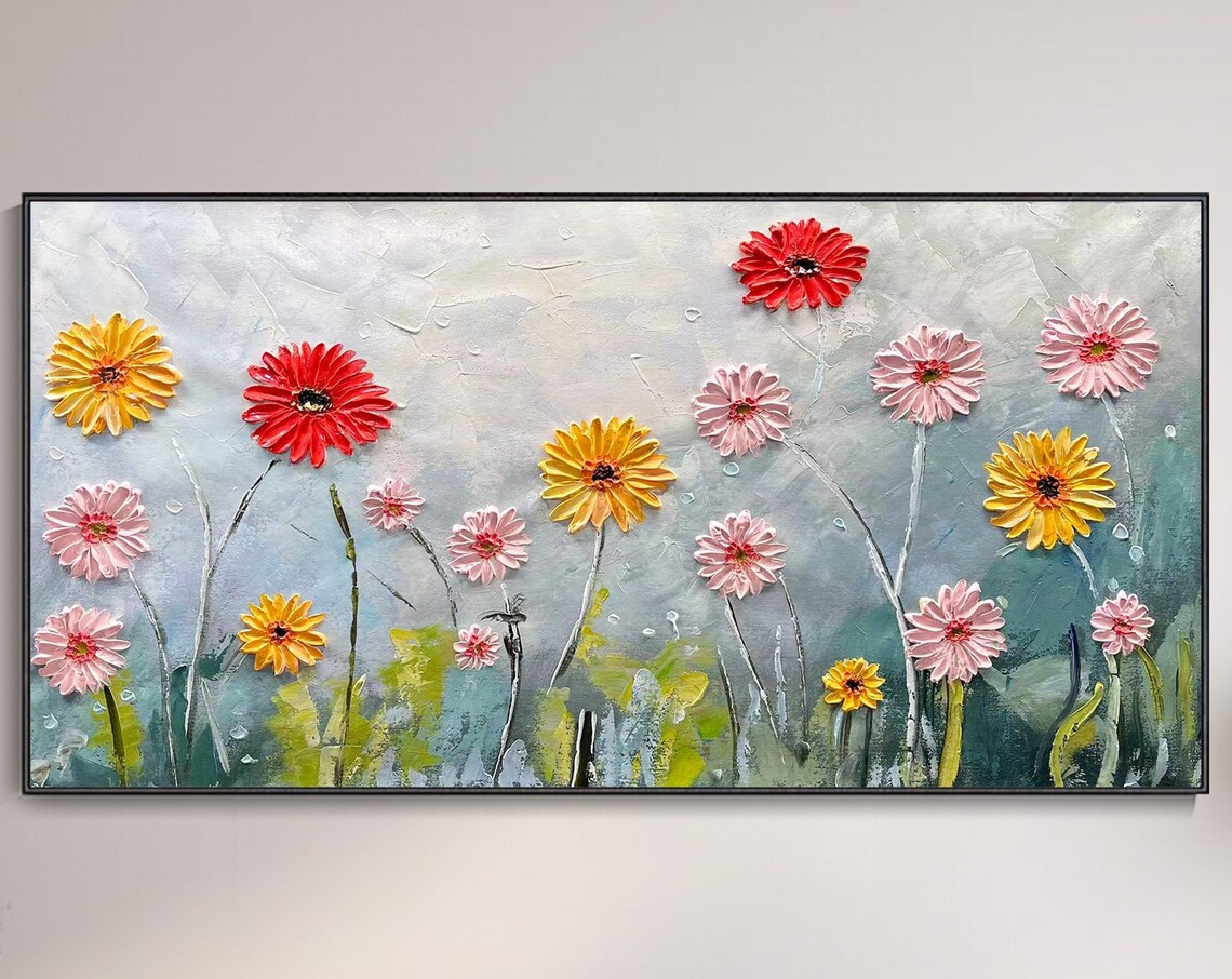 Colorful Daisy Meadow Pink Red Yellow 3D Floral Painting Poster