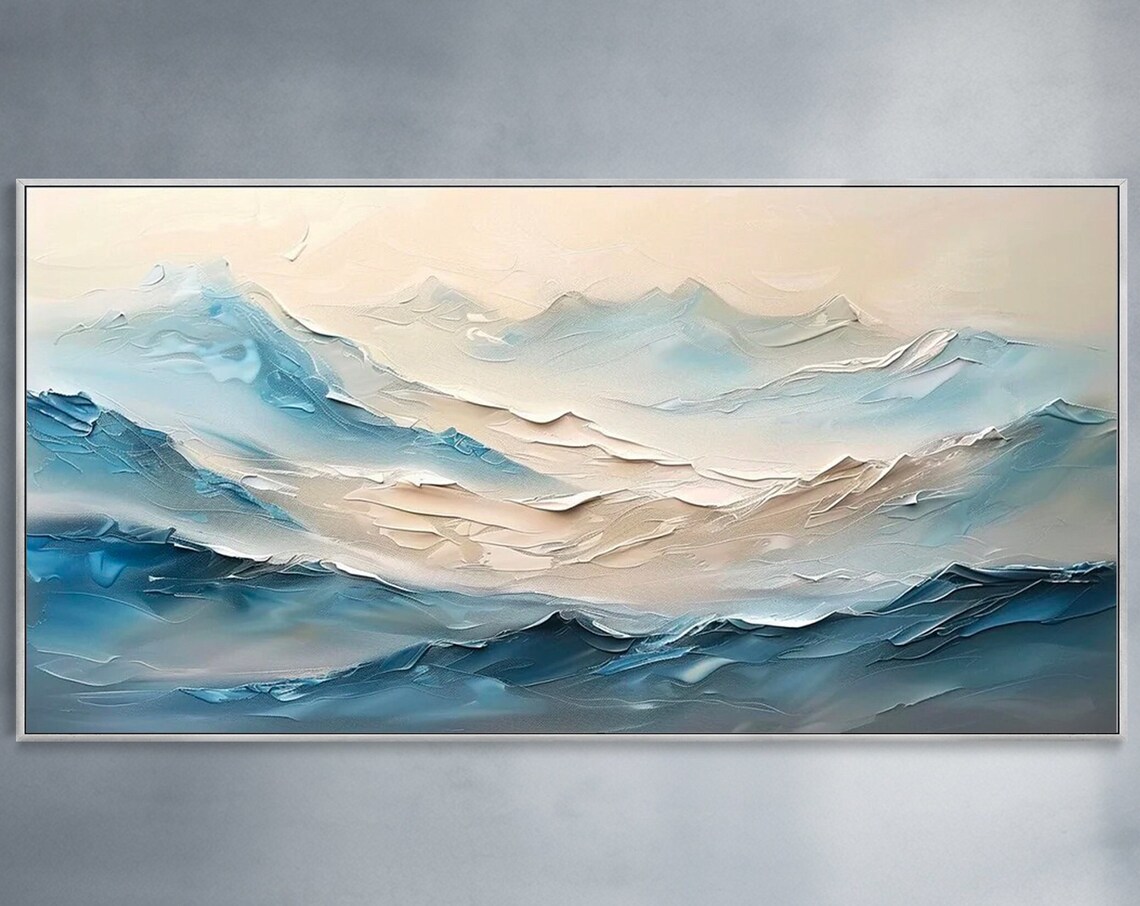 Soft Blue Cream Wavy Mountains Abstract Wabi Sabi Oil Poster
