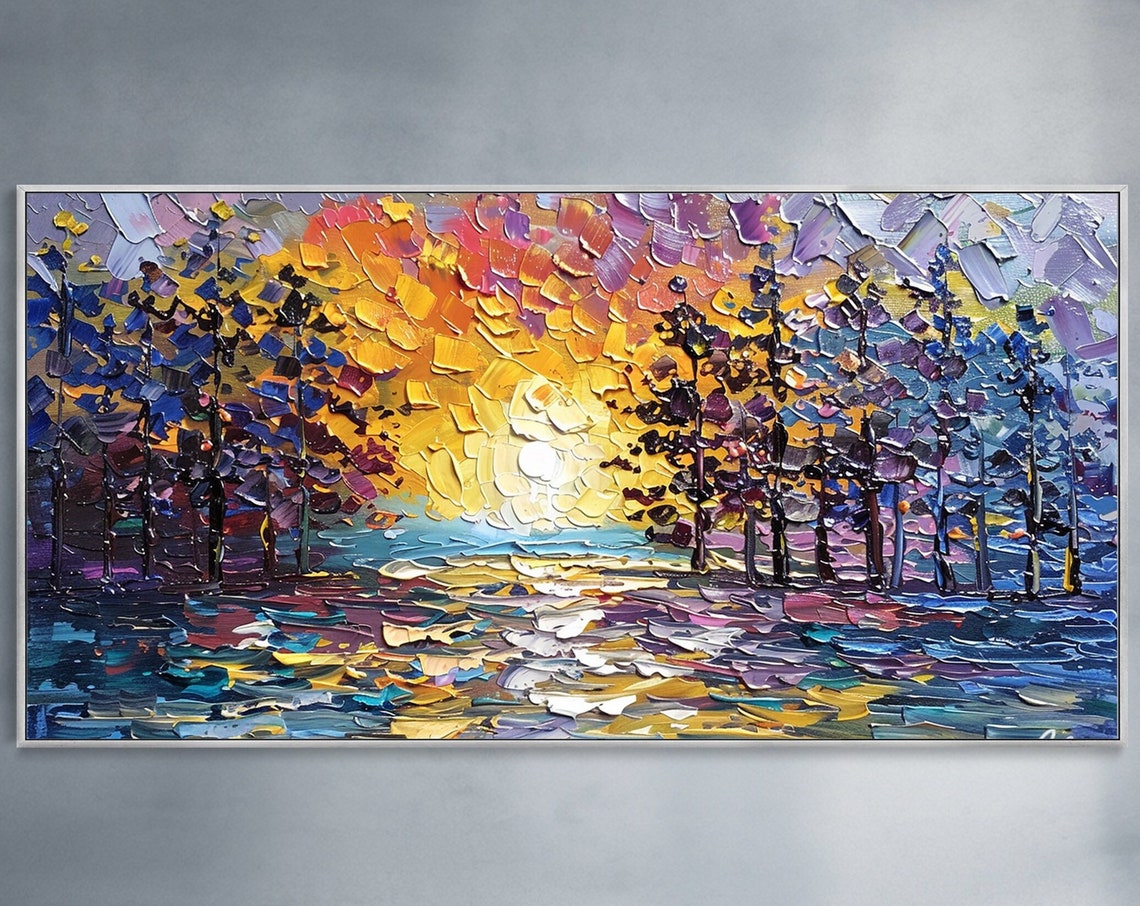 Sunrise Glow Through Dark Forest Trees Lake Reflection Oil Poster