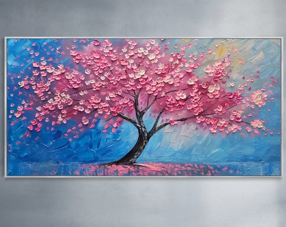 Pink Sakura Tree Oil Painting, Minimalist Landscape