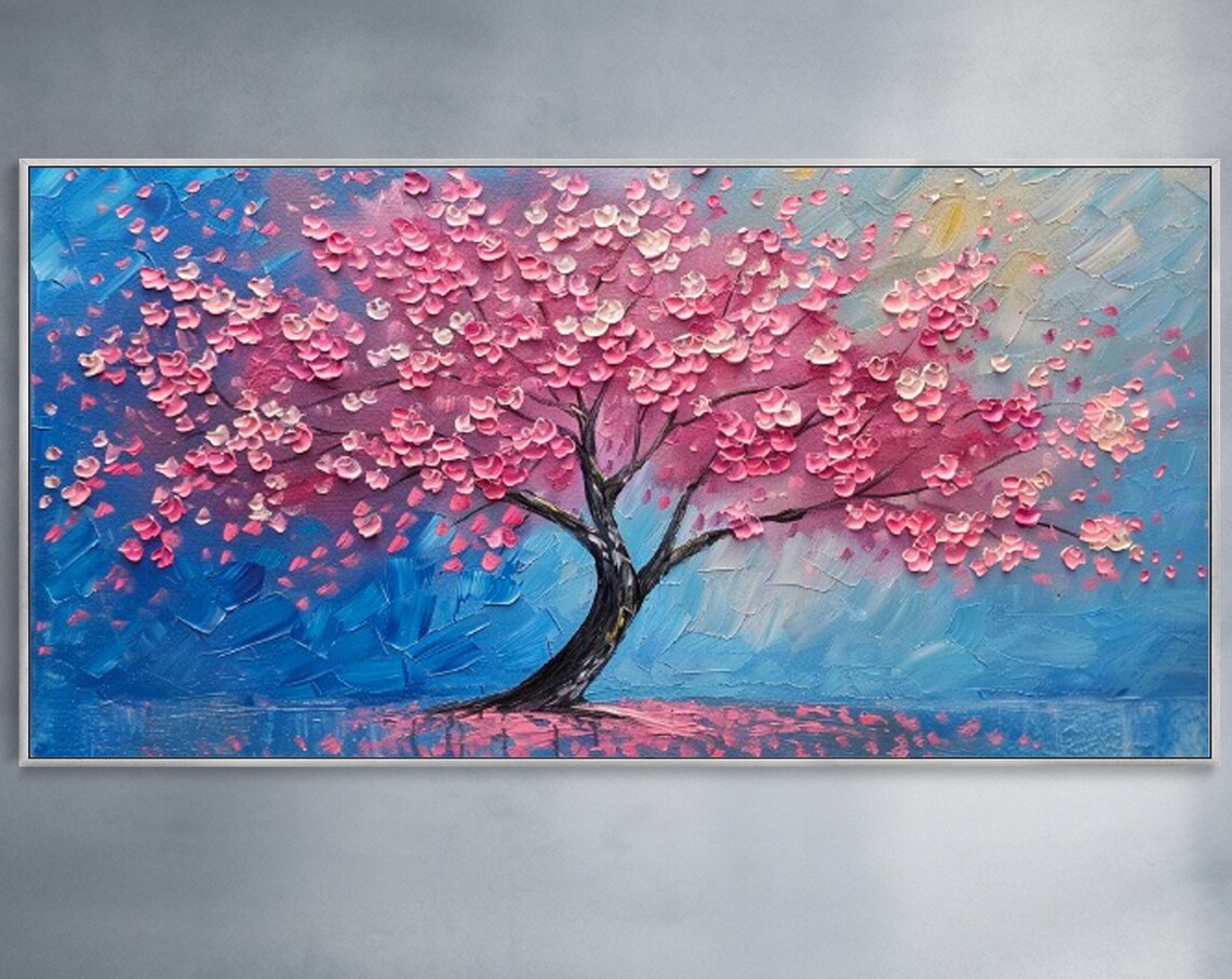 Pink Sakura Tree Oil Painting, Minimalist Landscape