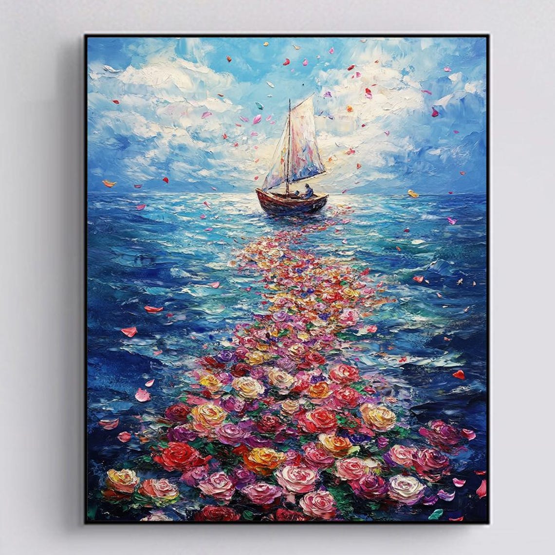 Sailboat Trailing Roses Ocean Impasto Romantic Seascape Art Poster