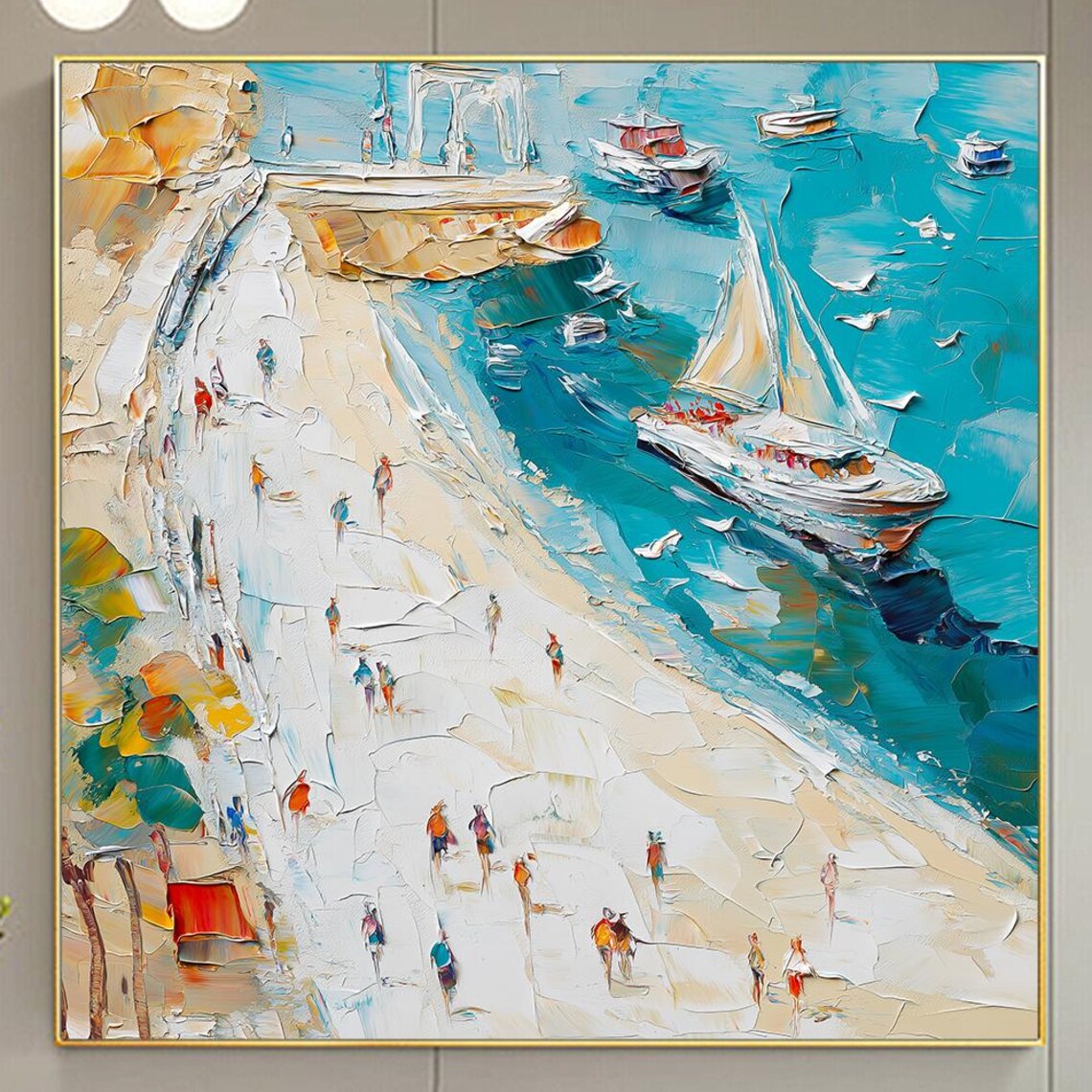 Mediterranean Coastal Town Sailboats Impasto Harbor Scene Art Poster