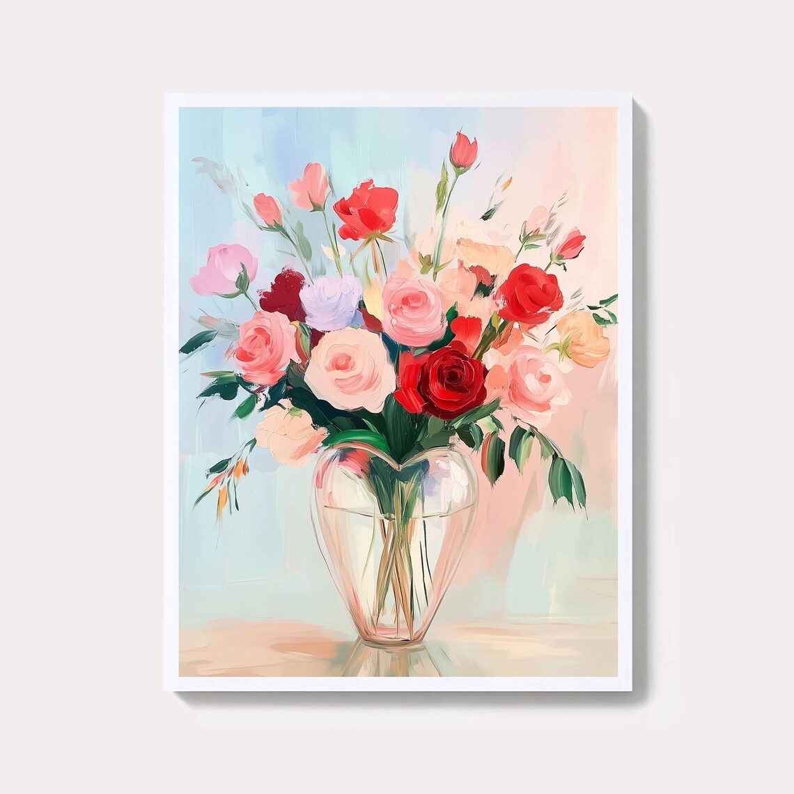 Vintage Heart Shaped Vase Red Blush Roses Romantic Floral Art Poster