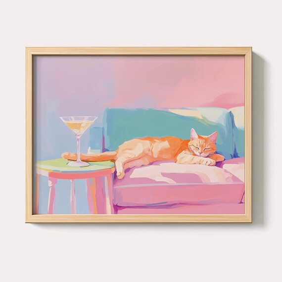 Midcentury Orange Cat Painting Whimsical Wall Art Print Cute Bar Cart Cocktail Quirky Feline