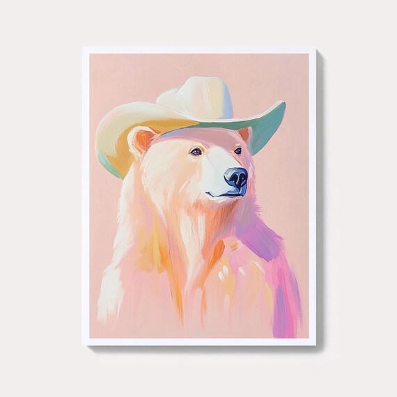 Cowboy Bear Wearing Western Hat Pastel Animal Portrait Art Poster