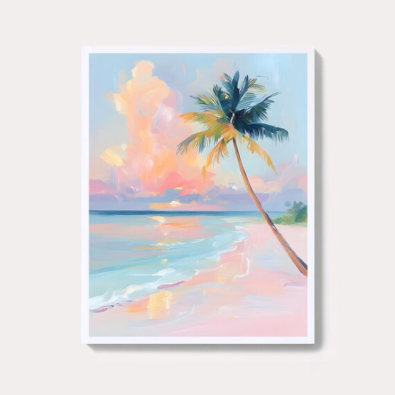 Curved Palm Tree Sunset Beach Pastel Tropical Coastal Sea Wall Art