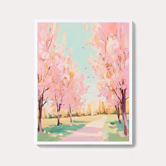 Pink Blossom Tree Alley With Falling Petals Springtime Wall Art