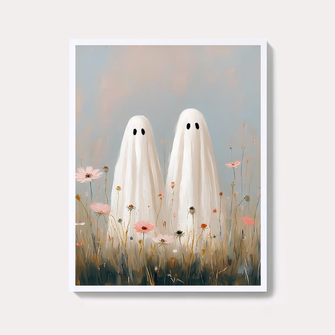 Two Cute Ghosts in a Wildflower Field Spooky Pastel Art Poster