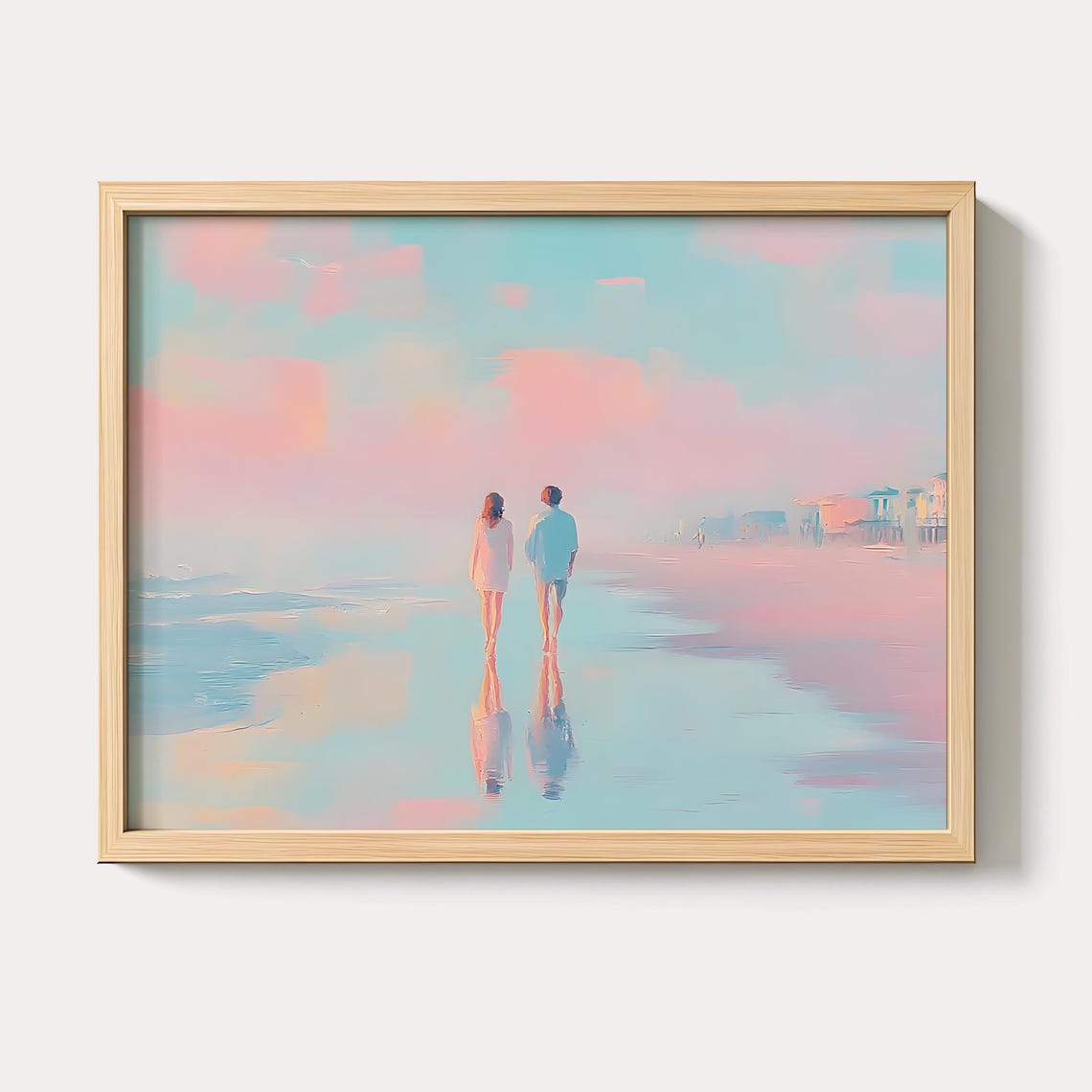 Romantic Couple Strolling a Dreamy Pastel Beach at Sunset Poster
