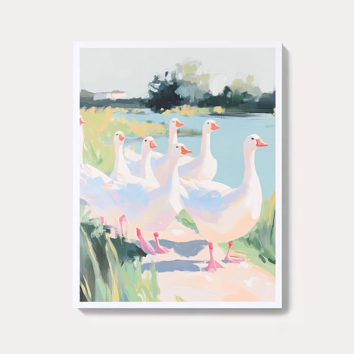 Pastel White Geese Walking by the Pond Spring Farmhouse Art Poster