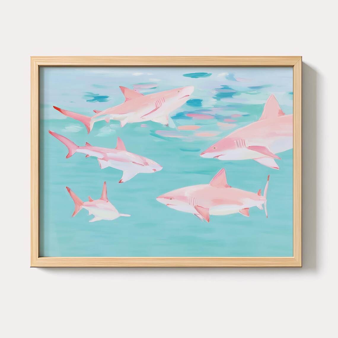 Pink Sharks Turquoise Ocean Pastel Sea Life Coastal Art Poster