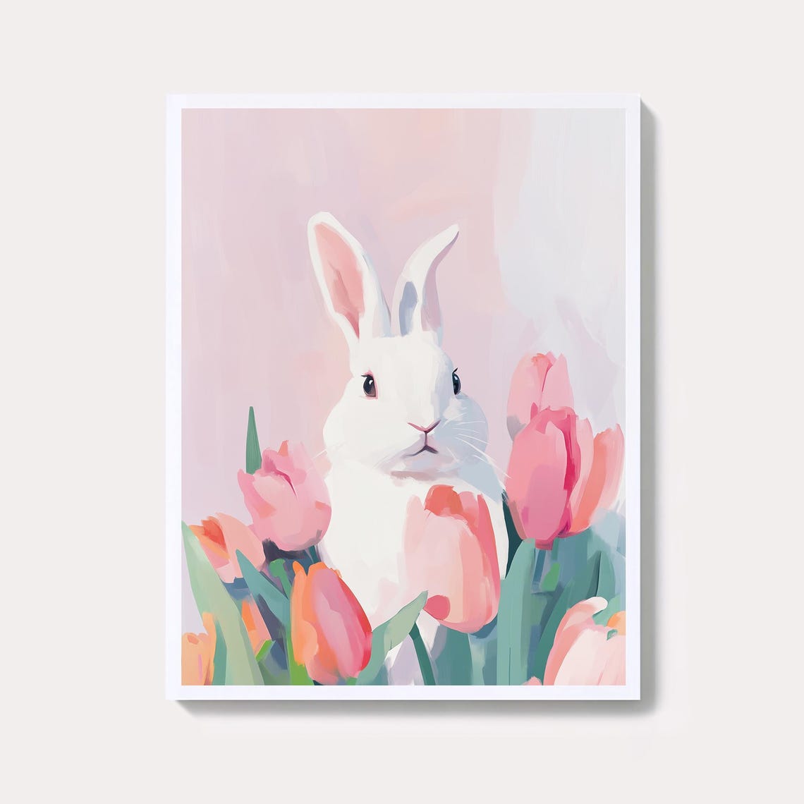 Sweet White Bunny Among Pink Tulips Spring Easter Nursery Wall Art