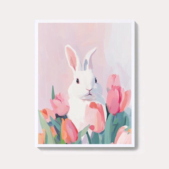 Sweet White Bunny Among Pink Tulips Spring Easter Nursery Wall Art