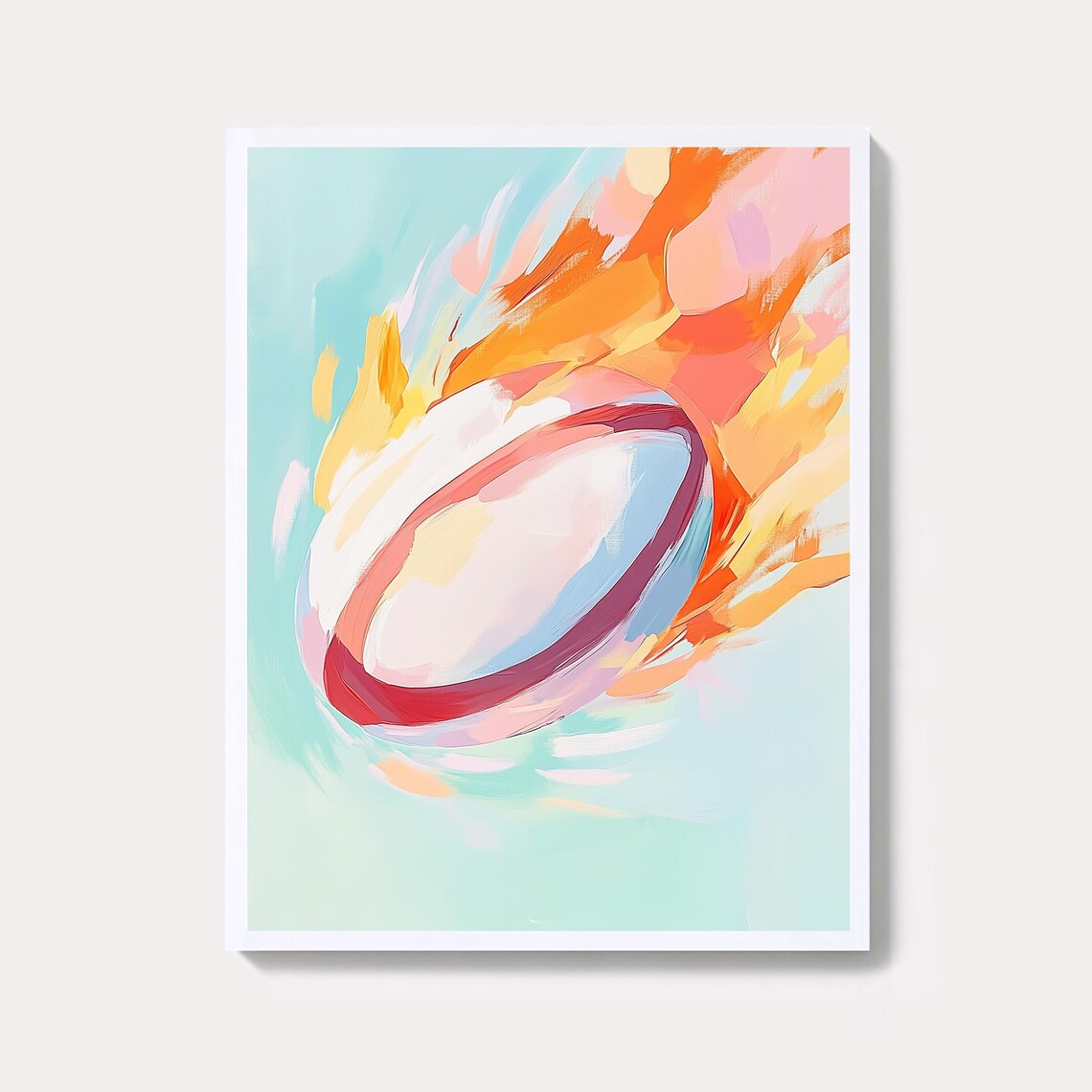 Pastel Watercolor Oval Football With Fiery Motion Streaks Sports Print