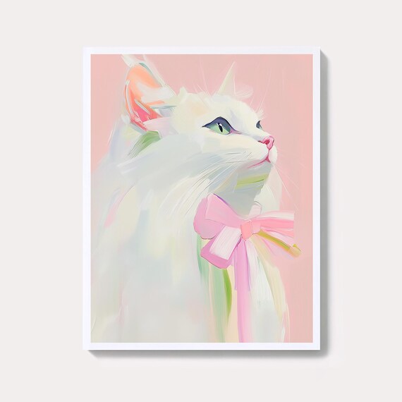White Cat With Pink Bow Pastel Kitten Portrait Painting Poster
