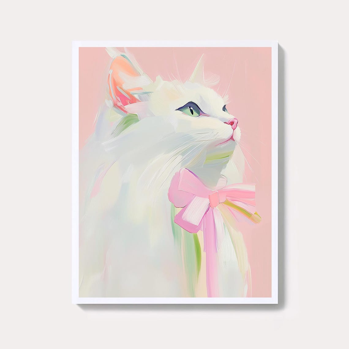 White Cat With Pink Bow Pastel Kitten Portrait Painting Poster