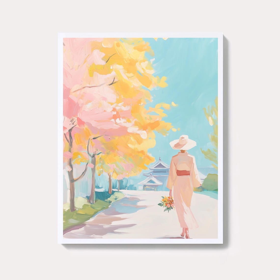 Kyoto Japan Woman In Kimono Under Autumn Maple Trees Wall Art