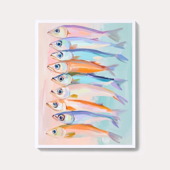 Colorful Pastel Sardines In A Row Vintage Nautical Art Poster