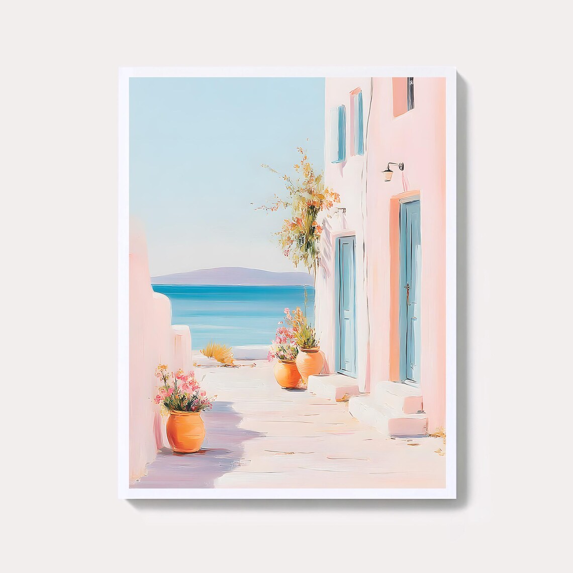 Greek Island Street Pastel Pink Doors Mediterranean Seaside Wall Art