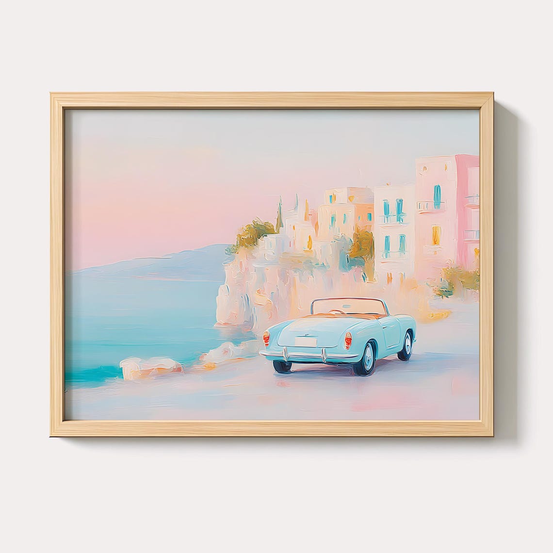 Retro Blue Convertible Driving Pastel Amalfi Coast Sunset Art Print