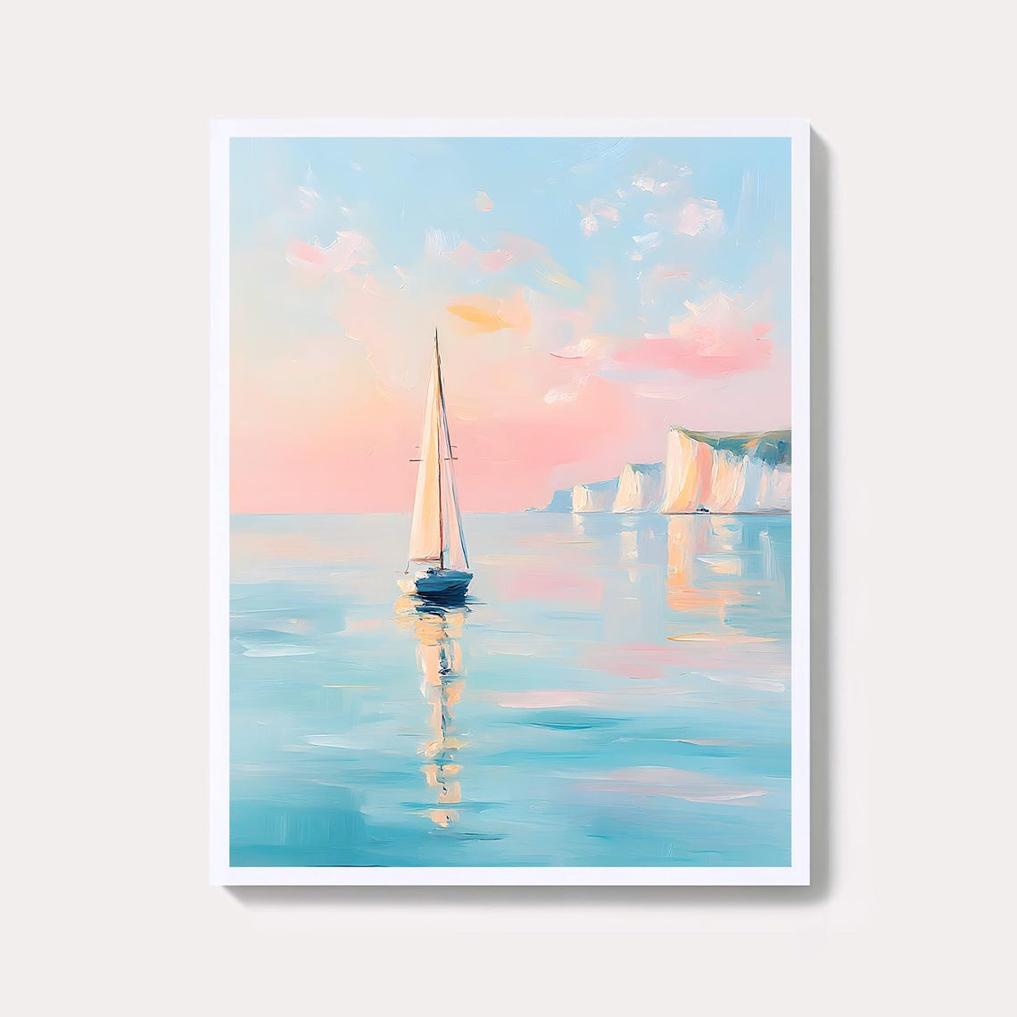 Pastel Sailboat Sunset Seascape Painting Ocean Cliffs Wall Art